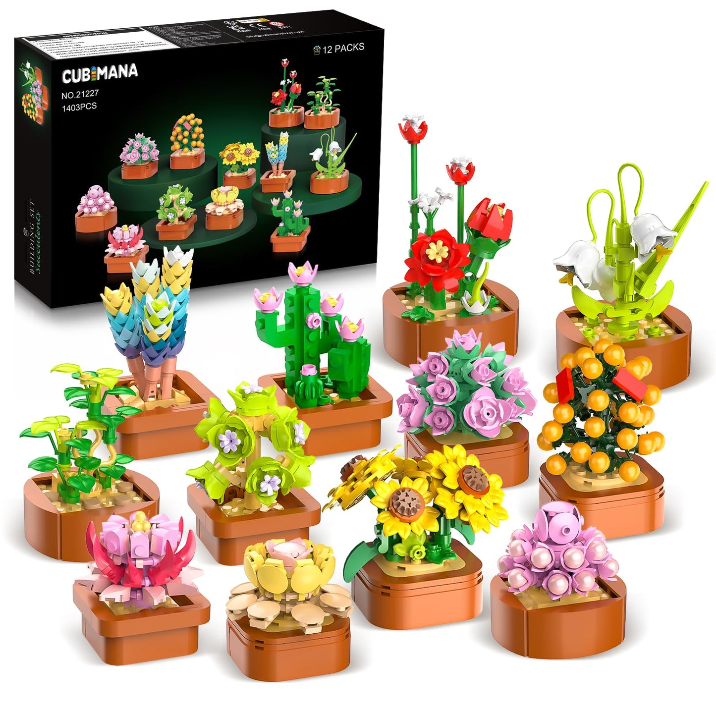 CUBIMANA 12-Pack Flowers Succulents Mini Building Set – 1403PCS, 3.6mm Blocks, Valentine’s Day Gift