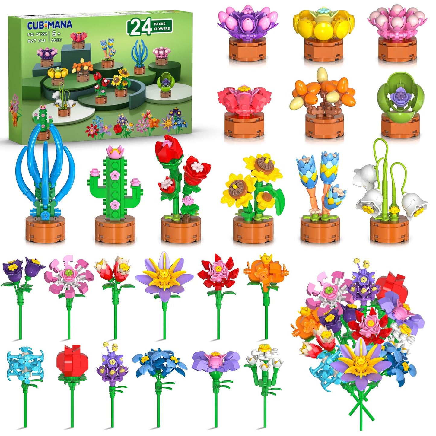 CUBIMANA 24-Pack Flower Themed Mini Building Blocks – 827 Pcs