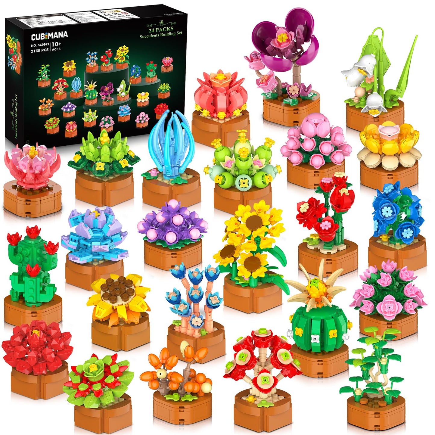 CUBIMANA 24 Pack Valentines Day Flowers Building Set – 2160 Mini 3.6mm Blocks for Home & Office Decor