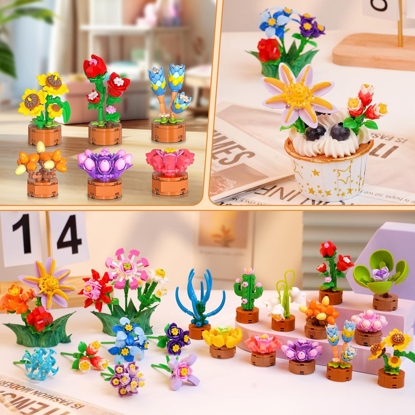 CUBIMANA 24-Pack Flower Themed Mini Building Blocks – 827 Pcs