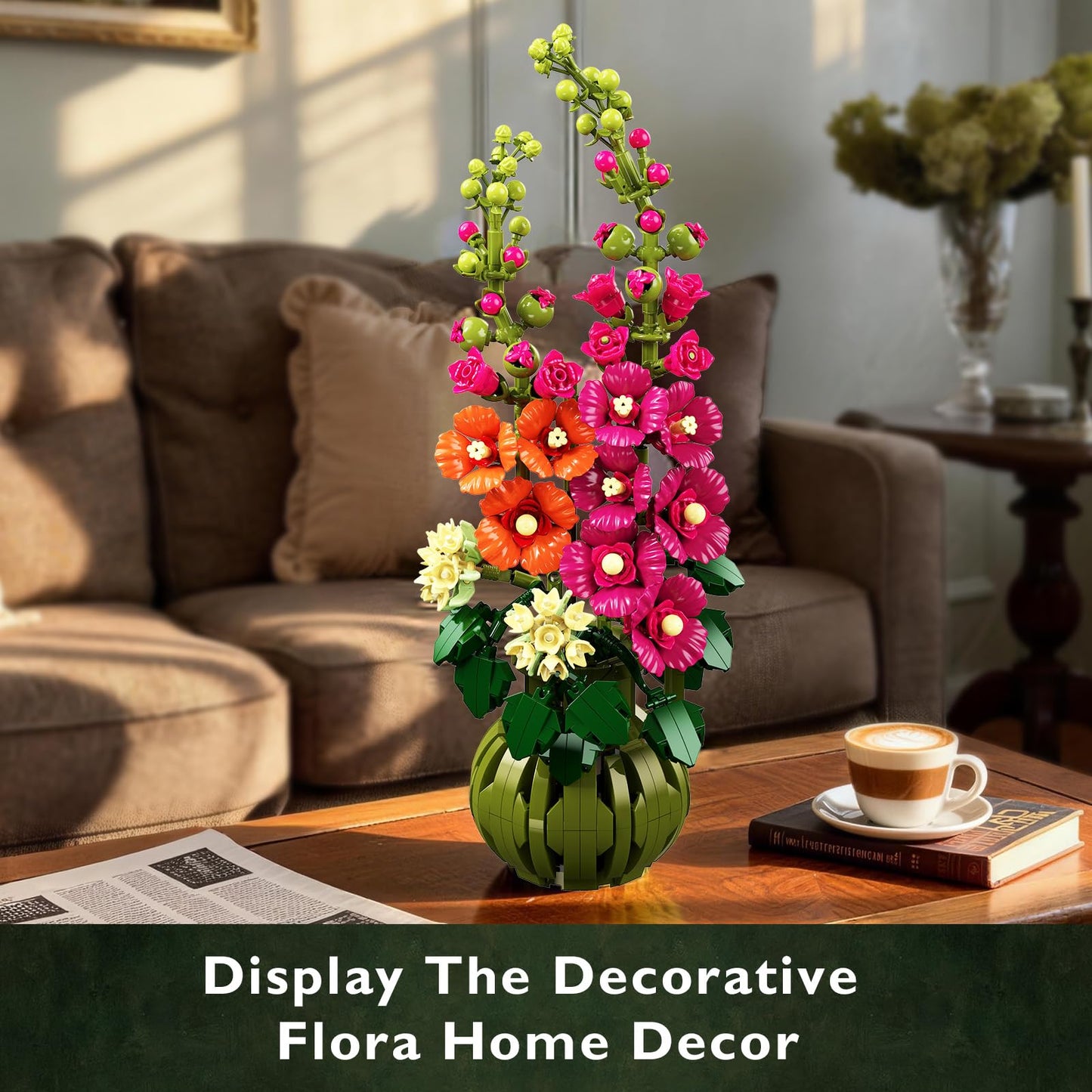 CUBIMANA Flowers Botanicals Alcea Rosea Building Set for Adults - 974 PCS Artificial Bonsai Decor