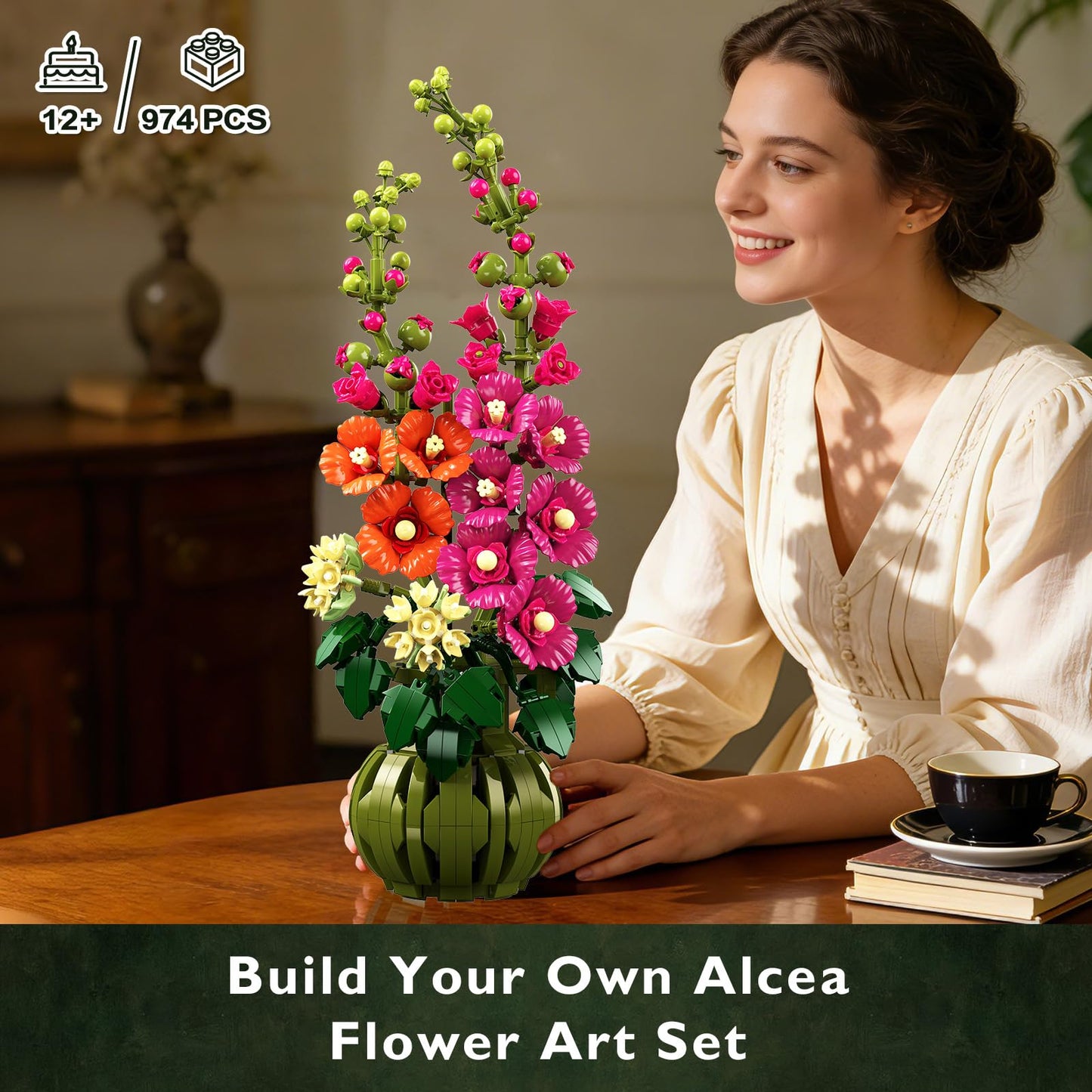 CUBIMANA Flowers Botanicals Alcea Rosea Building Set for Adults - 974 PCS Artificial Bonsai Decor