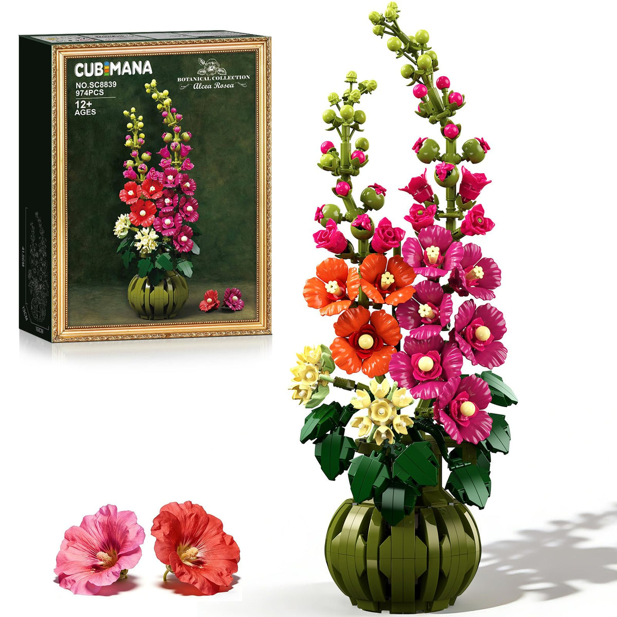 CUBIMANA Flowers Botanicals Alcea Rosea Building Set for Adults - 974 PCS Artificial Bonsai Decor