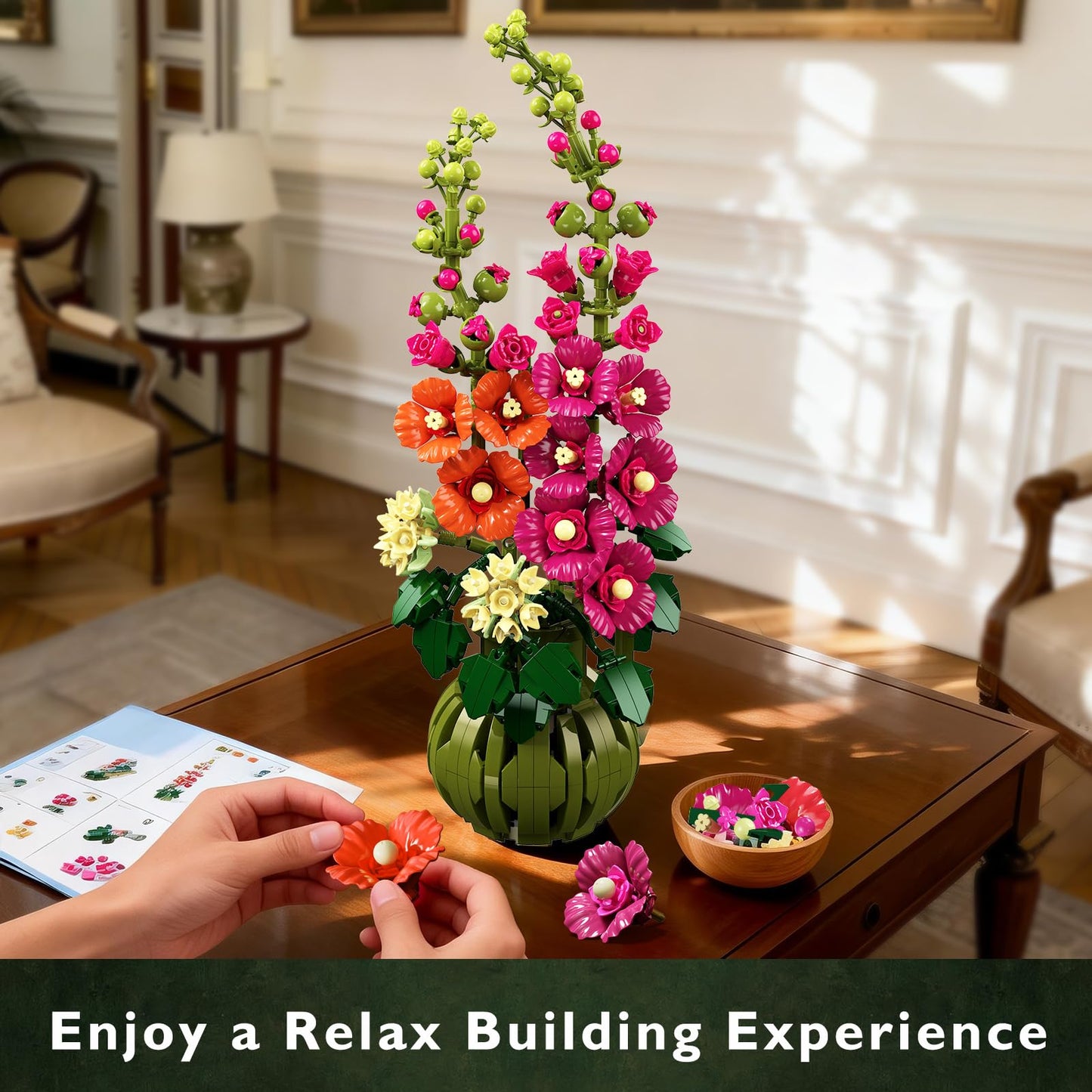 CUBIMANA Flowers Botanicals Alcea Rosea Building Set for Adults - 974 PCS Artificial Bonsai Decor