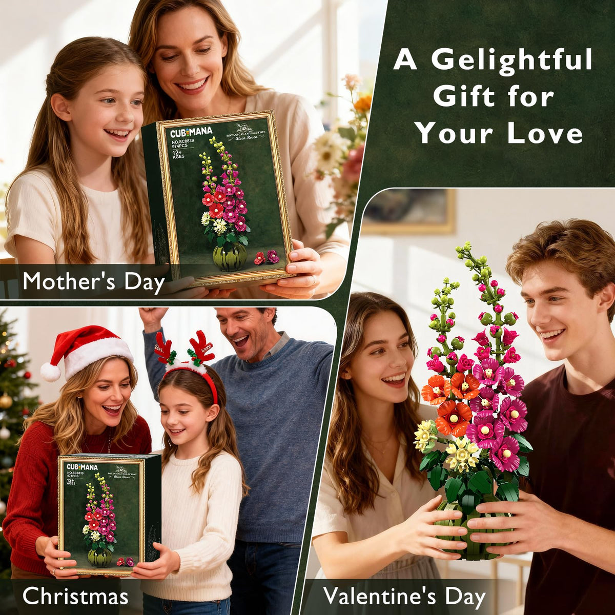 CUBIMANA Flowers Botanicals Alcea Rosea Building Set for Adults - 974 PCS Artificial Bonsai Decor
