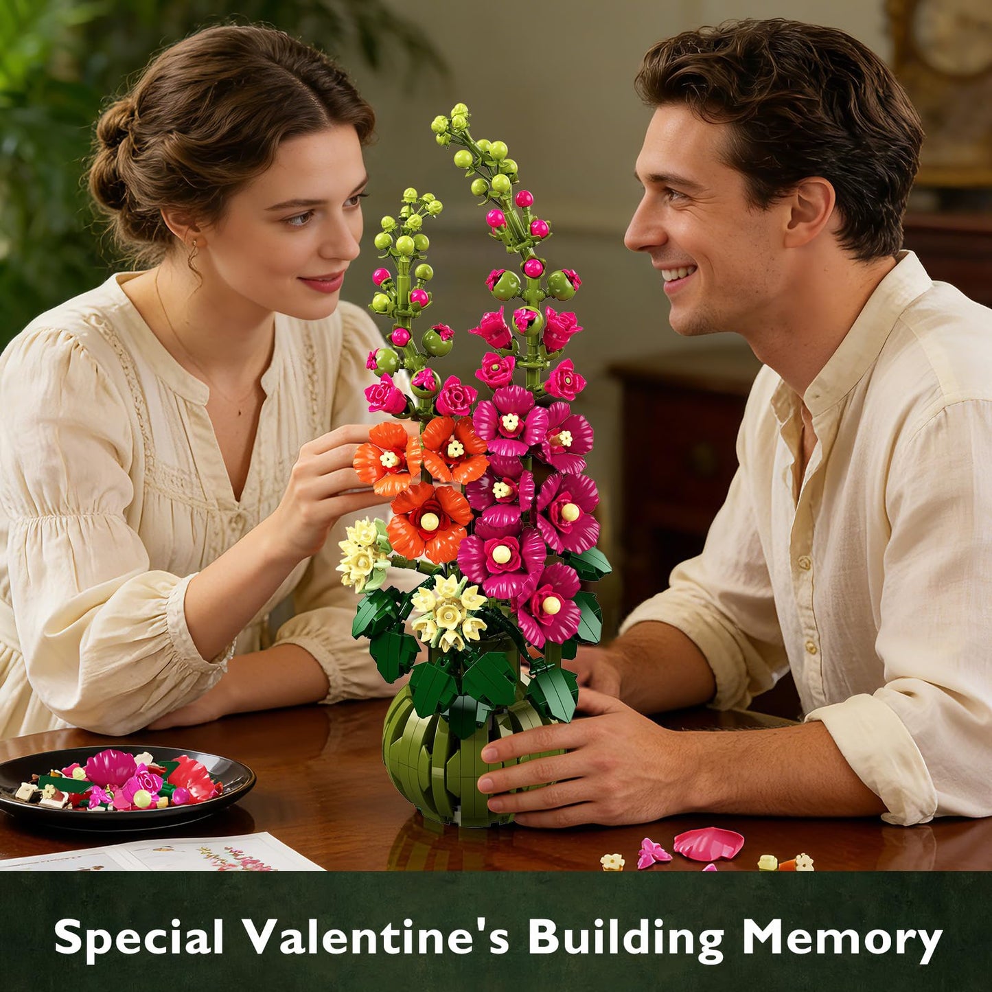 CUBIMANA Flowers Botanicals Alcea Rosea Building Set for Adults - 974 PCS Artificial Bonsai Decor