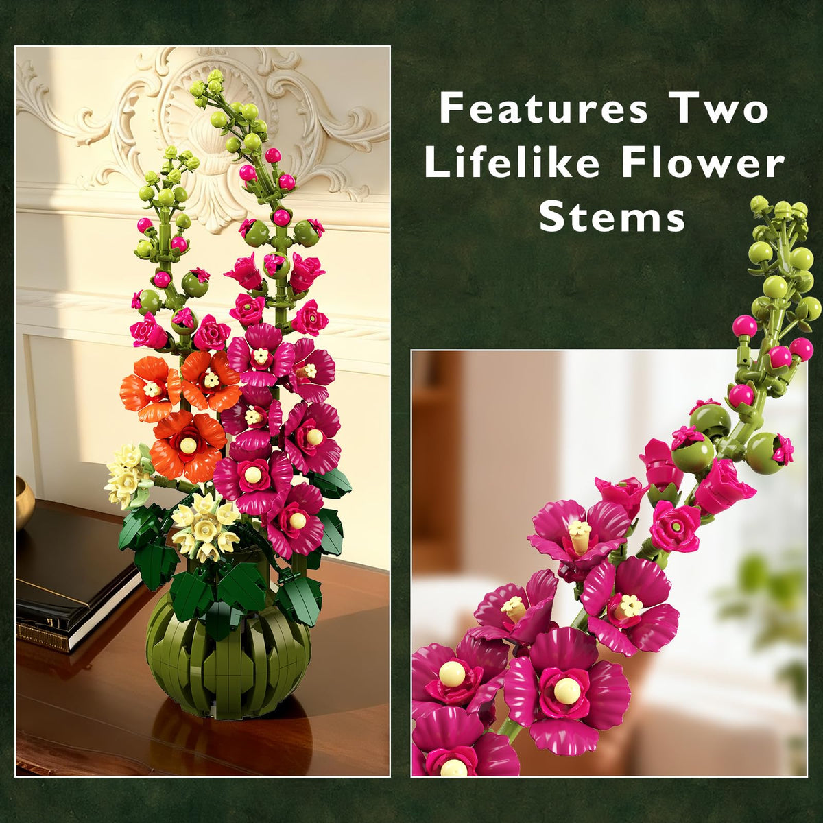 CUBIMANA Flowers Botanicals Alcea Rosea Building Set for Adults - 974 PCS Artificial Bonsai Decor