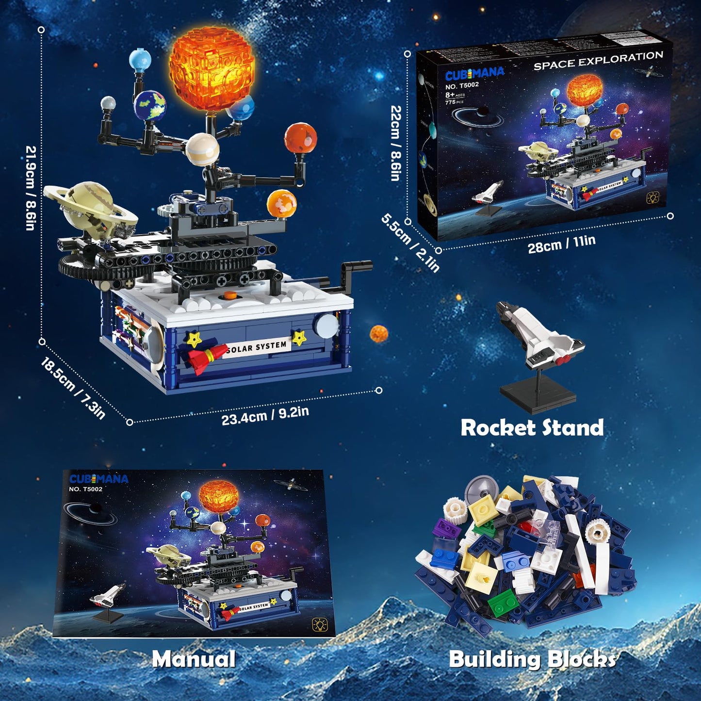 CUBIMANA Solar System Building Set with Light — Rotating 9-Planet Space Toy for Ages 8+