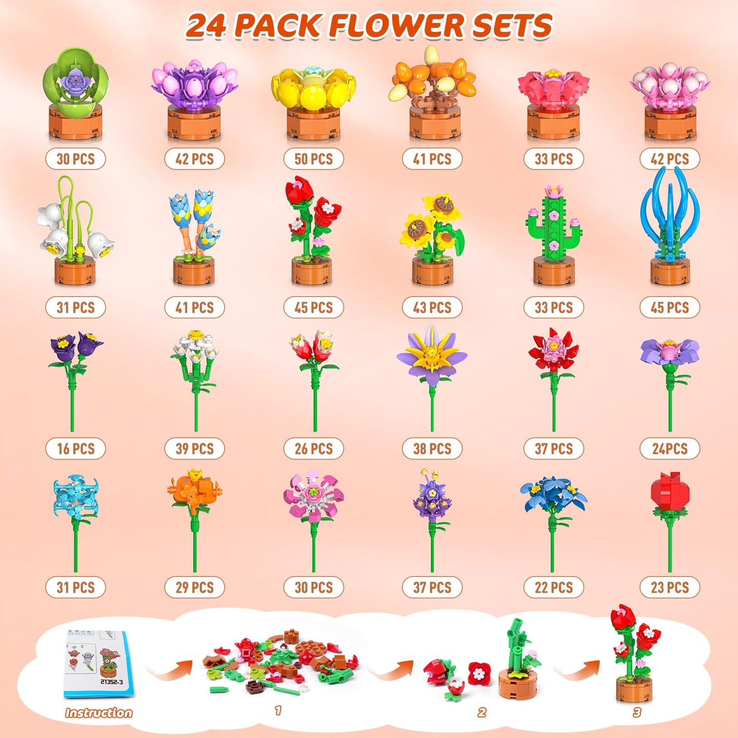 CUBIMANA 24-Pack Flower Themed Mini Building Blocks – 827 Pcs
