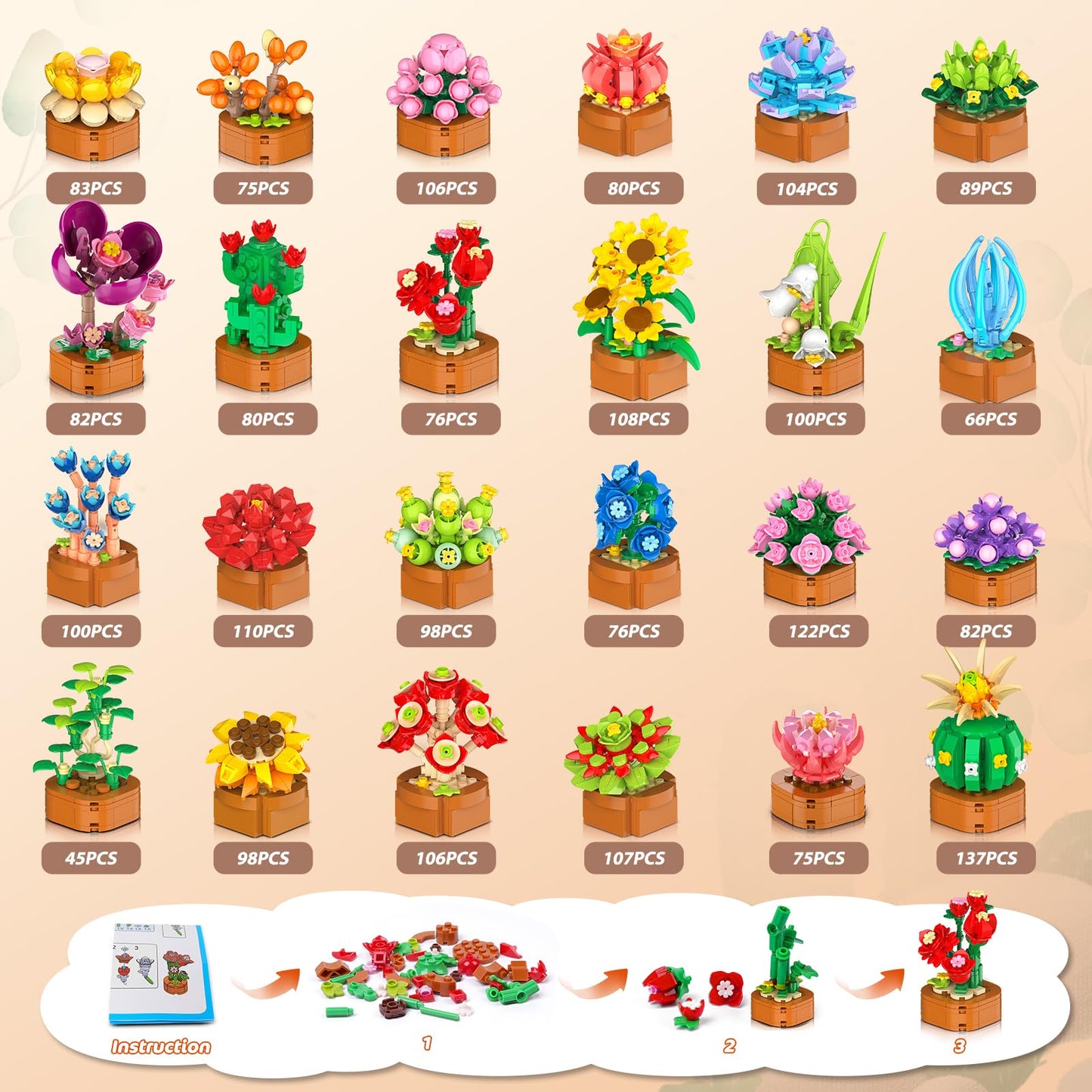 CUBIMANA 24 Pack Valentines Day Flowers Building Set – 2160 Mini 3.6mm Blocks for Home & Office Decor