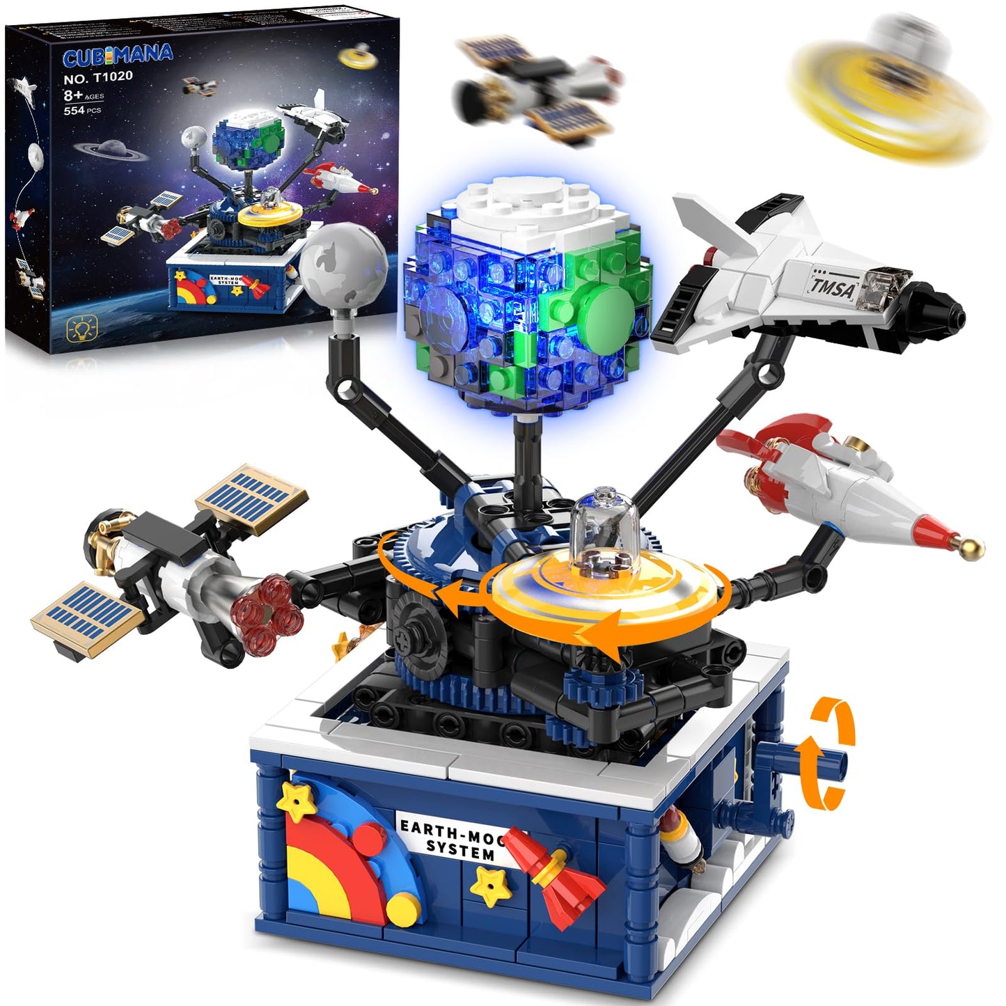 CUBIMANA Planet Rotatable Space Set with Glow — Earth & Moon Space Exploration Kit (554 PCS)