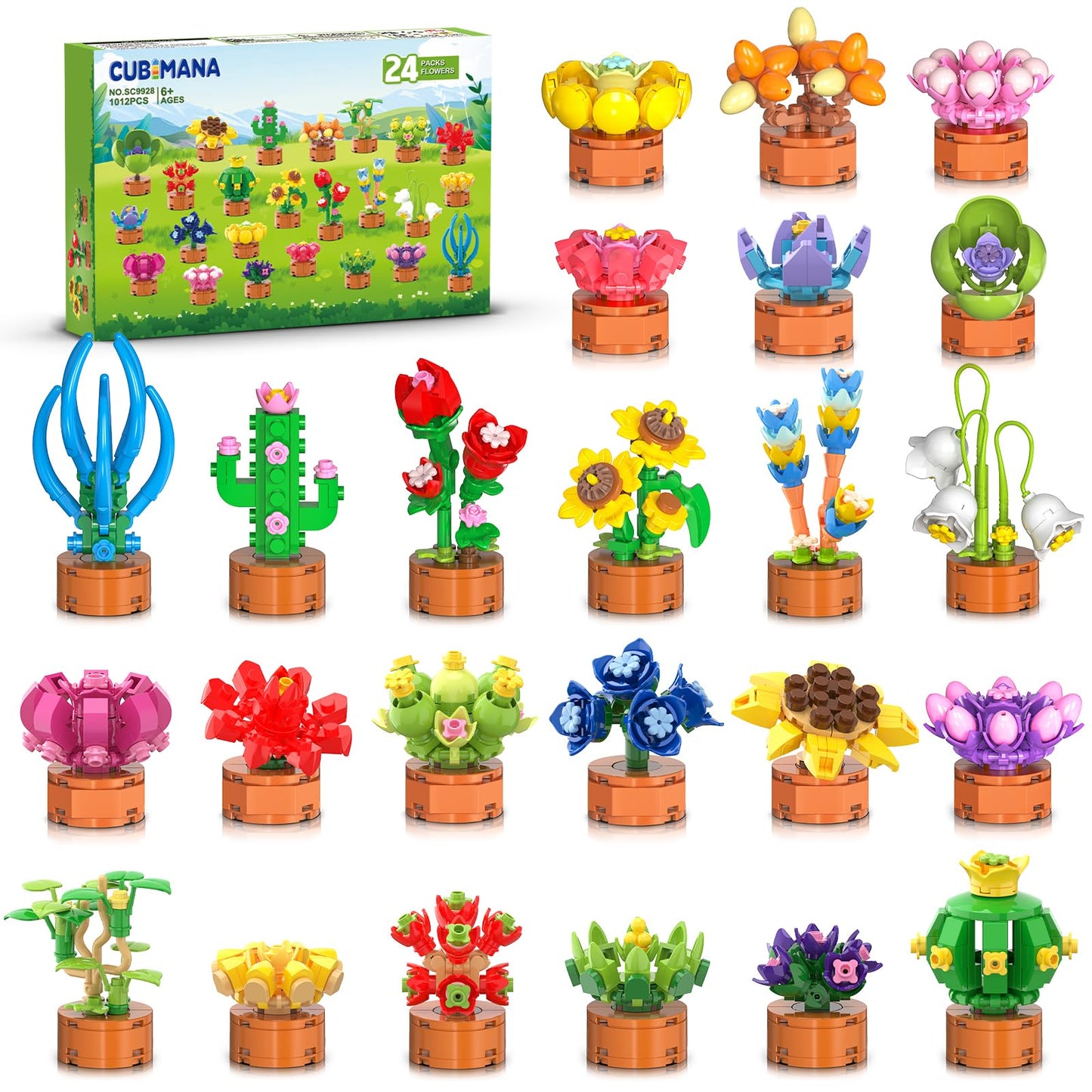 CUBIMANA 24-Pack Flower & Succulent Mini Building Blocks – 1012 Pcs Bonsai Set (3.6mm)