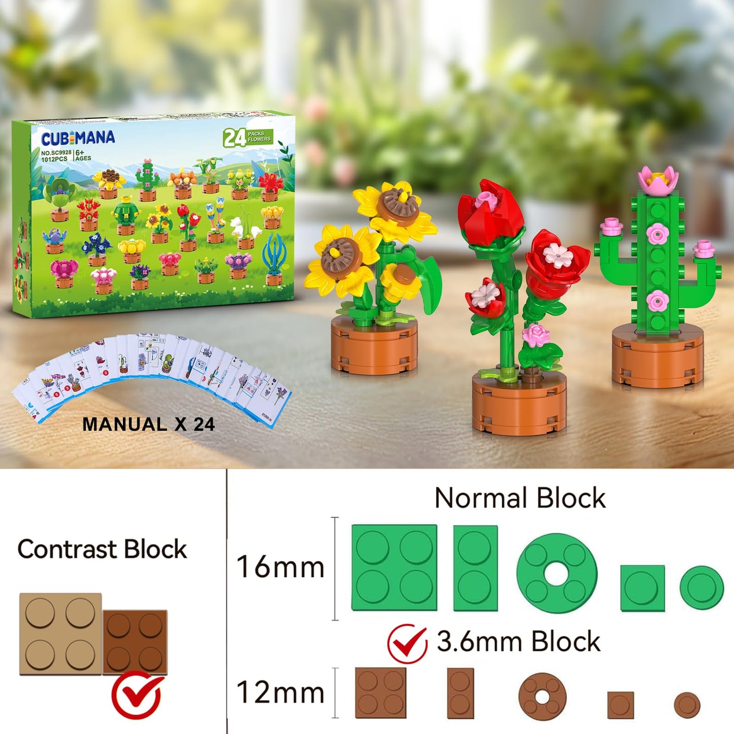 CUBIMANA 24-Pack Flower & Succulent Mini Building Blocks – 1012 Pcs Bonsai Set (3.6mm)