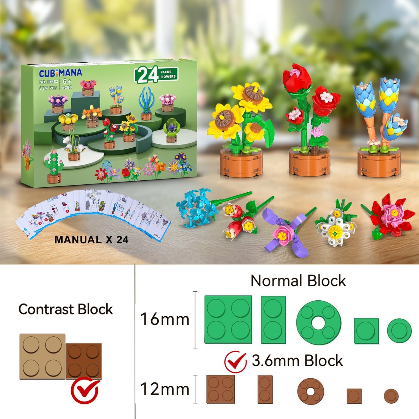CUBIMANA 24-Pack Flower Themed Mini Building Blocks – 827 Pcs