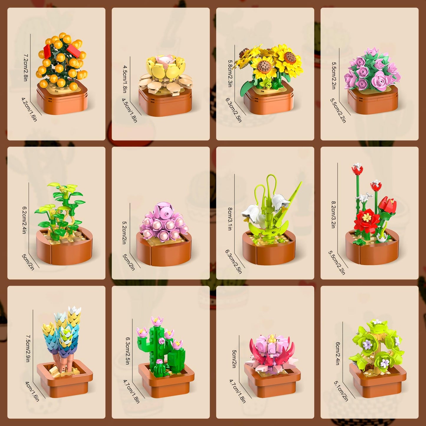 CUBIMANA 12-Pack Flowers Succulents Mini Building Set – 1403PCS, 3.6mm Blocks, Valentine’s Day Gift