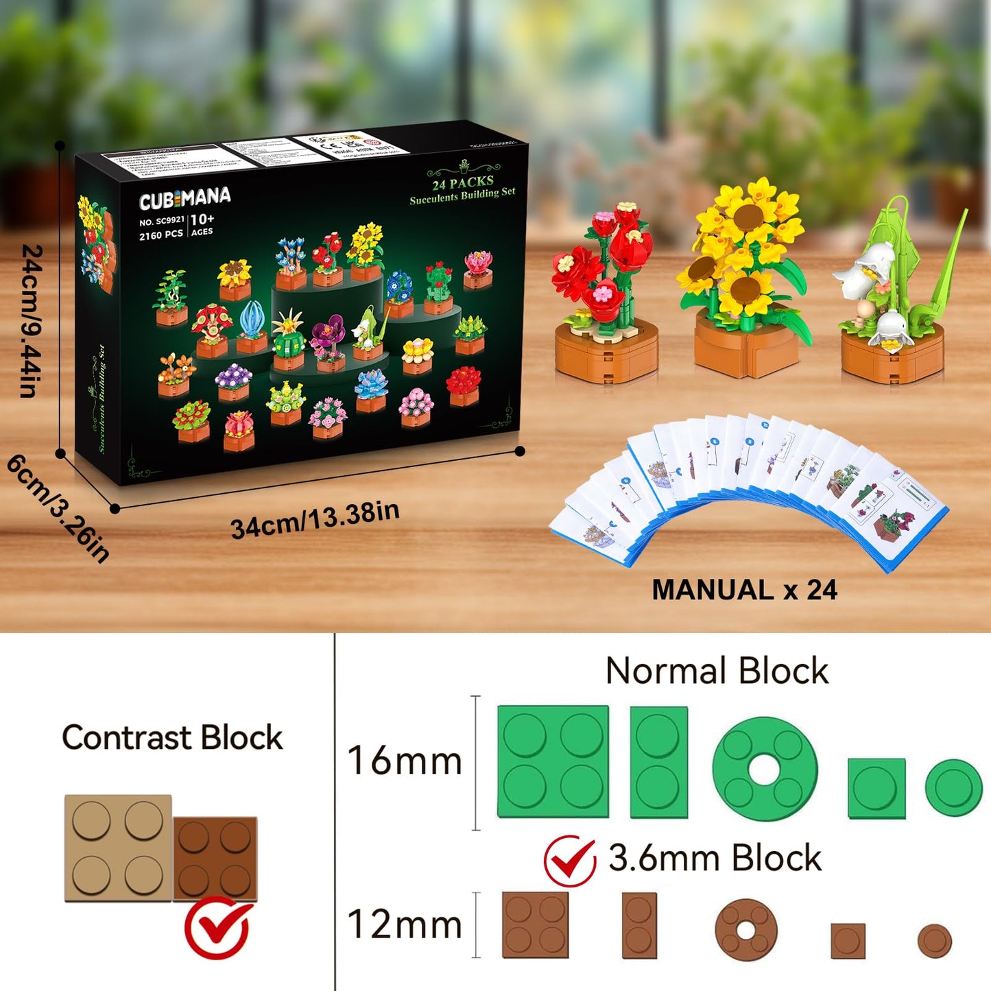 CUBIMANA 24 Pack Valentines Day Flowers Building Set – 2160 Mini 3.6mm Blocks for Home & Office Decor