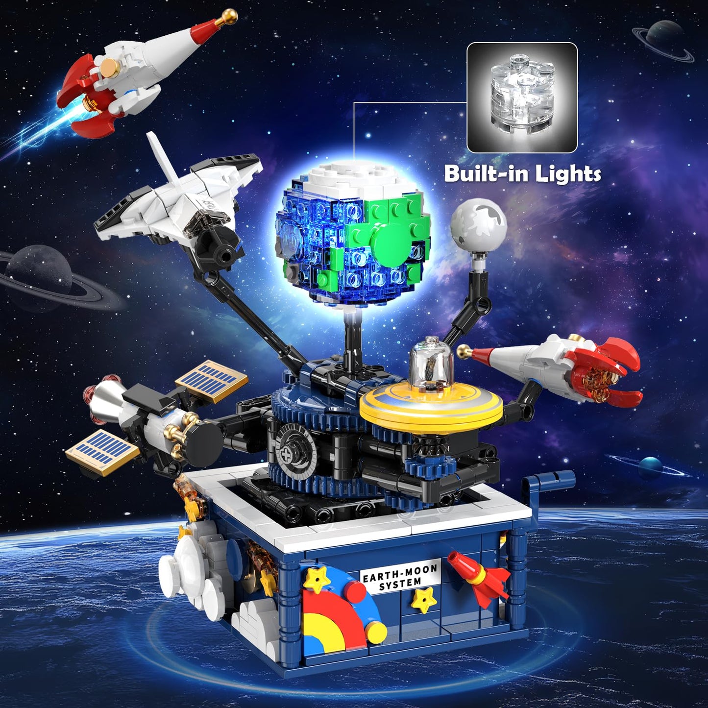 CUBIMANA Planet Rotatable Space Set with Glow — Earth & Moon Space Exploration Kit (554 PCS)