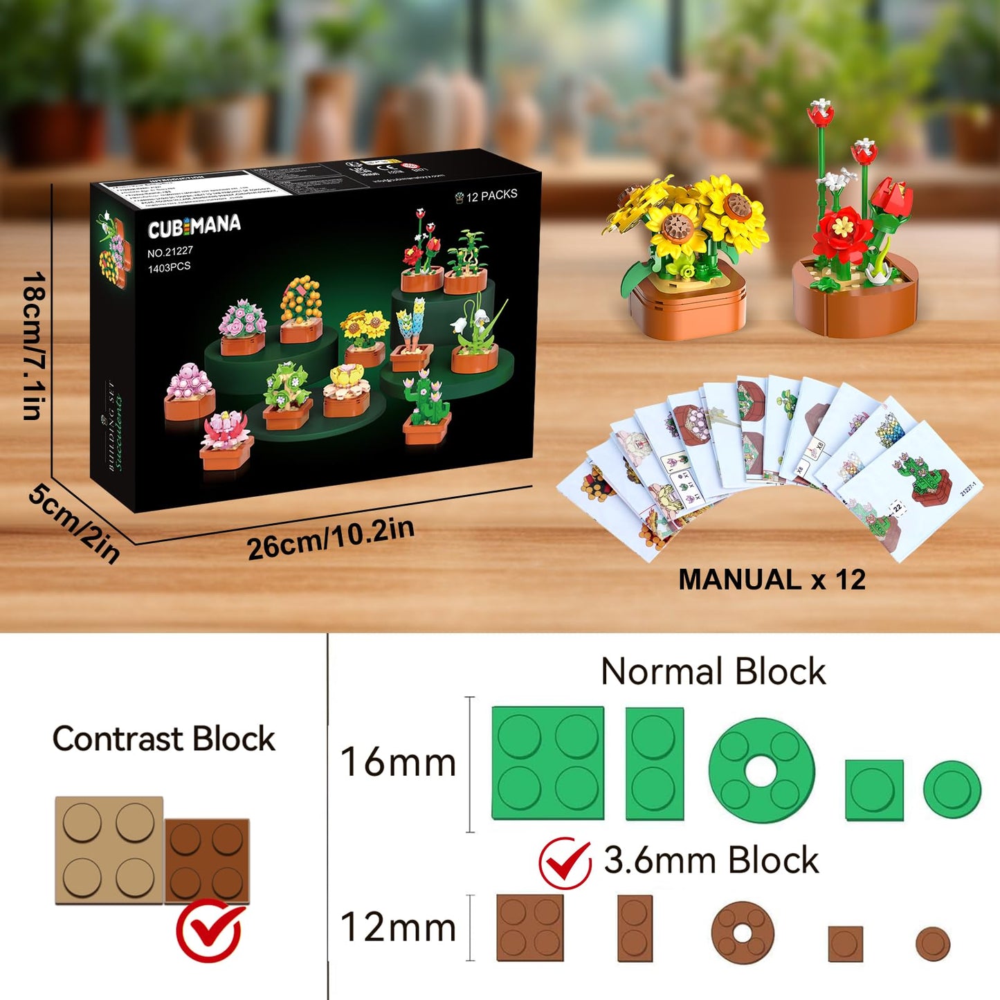 CUBIMANA 12-Pack Flowers Succulents Mini Building Set – 1403PCS, 3.6mm Blocks, Valentine’s Day Gift