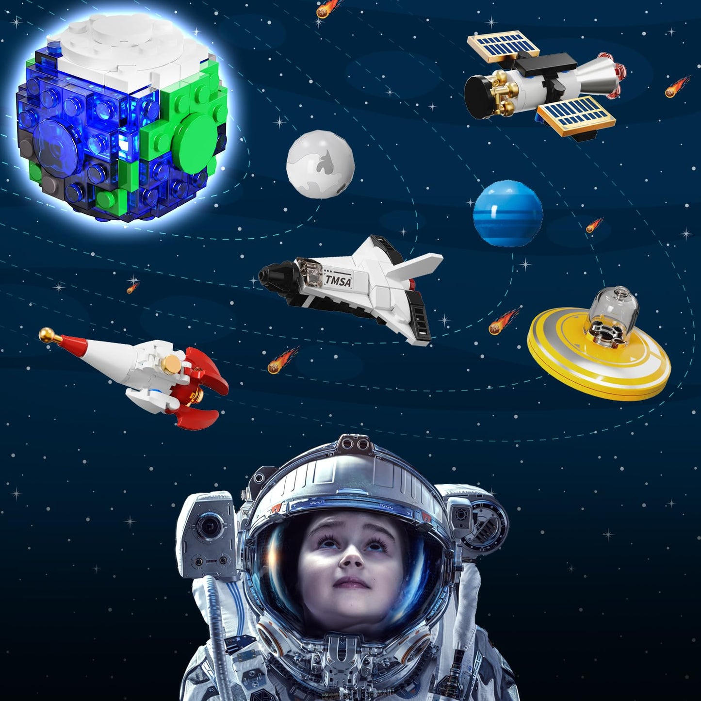 CUBIMANA Planet Rotatable Space Set with Glow — Earth & Moon Space Exploration Kit (554 PCS)