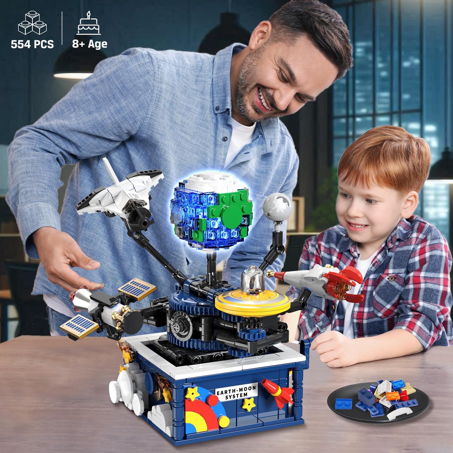 CUBIMANA Planet Rotatable Space Set with Glow — Earth & Moon Space Exploration Kit (554 PCS)
