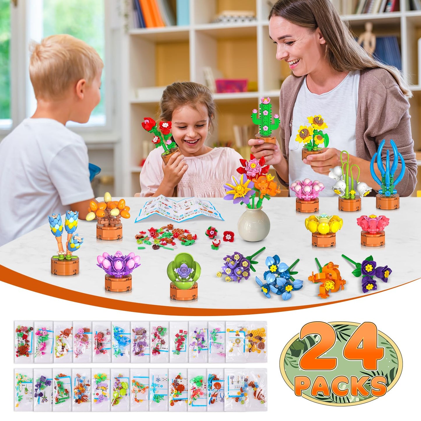 CUBIMANA 24-Pack Flower Themed Mini Building Blocks – 827 Pcs