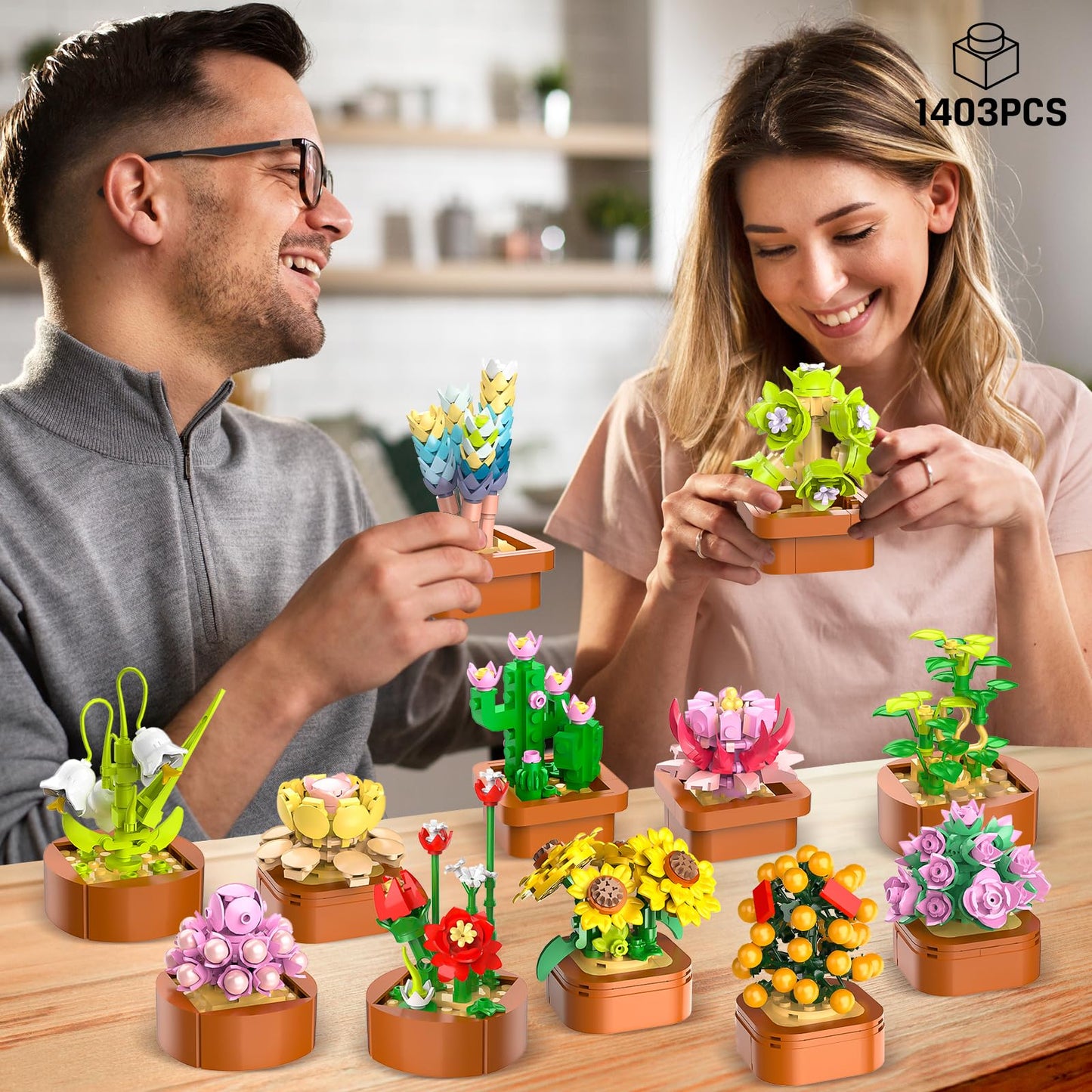 CUBIMANA 12-Pack Flowers Succulents Mini Building Set – 1403PCS, 3.6mm Blocks, Valentine’s Day Gift
