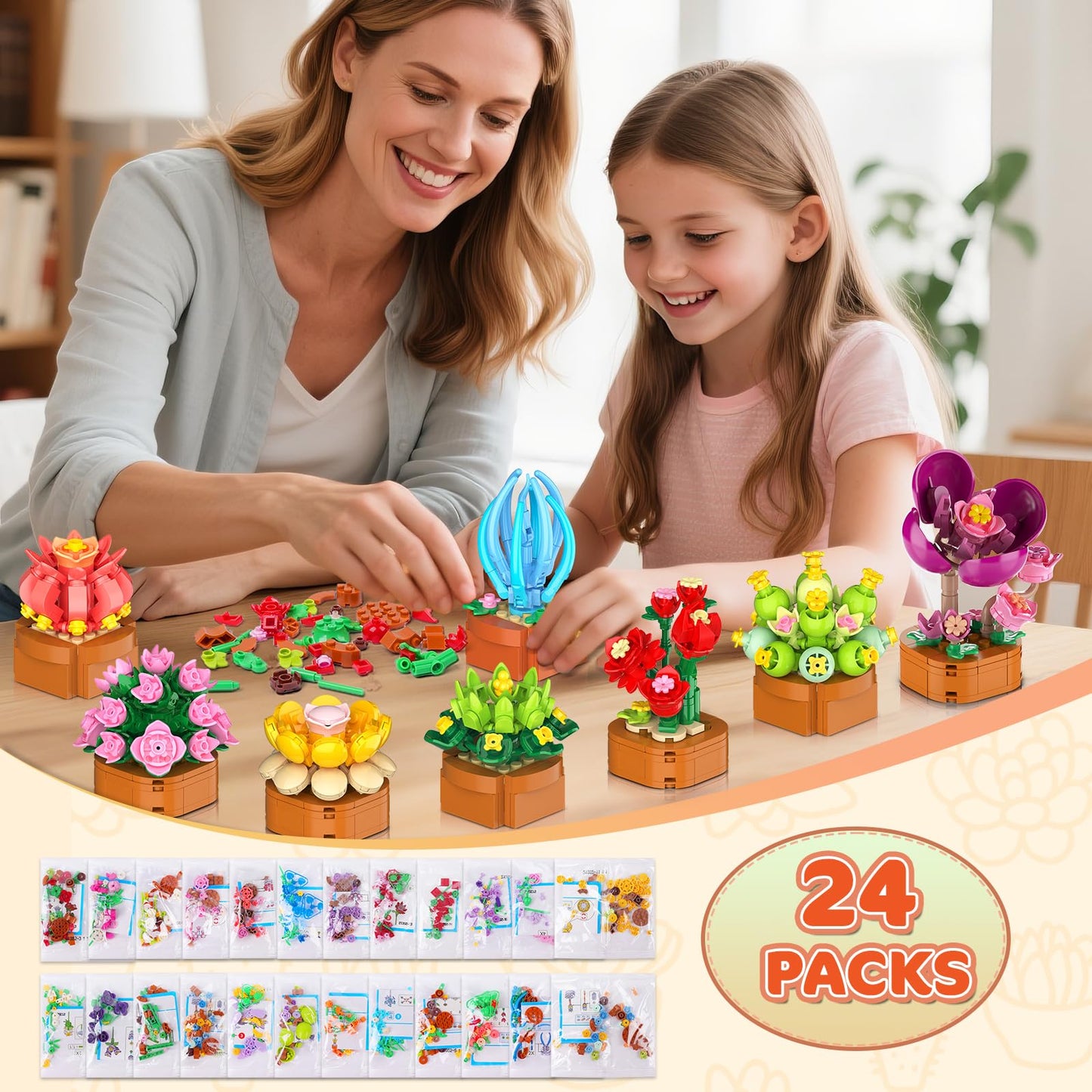 CUBIMANA 24 Pack Valentines Day Flowers Building Set – 2160 Mini 3.6mm Blocks for Home & Office Decor