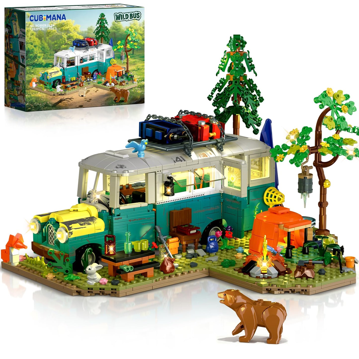 CUBIMANA Wilderness Bus Building Set - 1392-Piece Lighted Camping Kit
