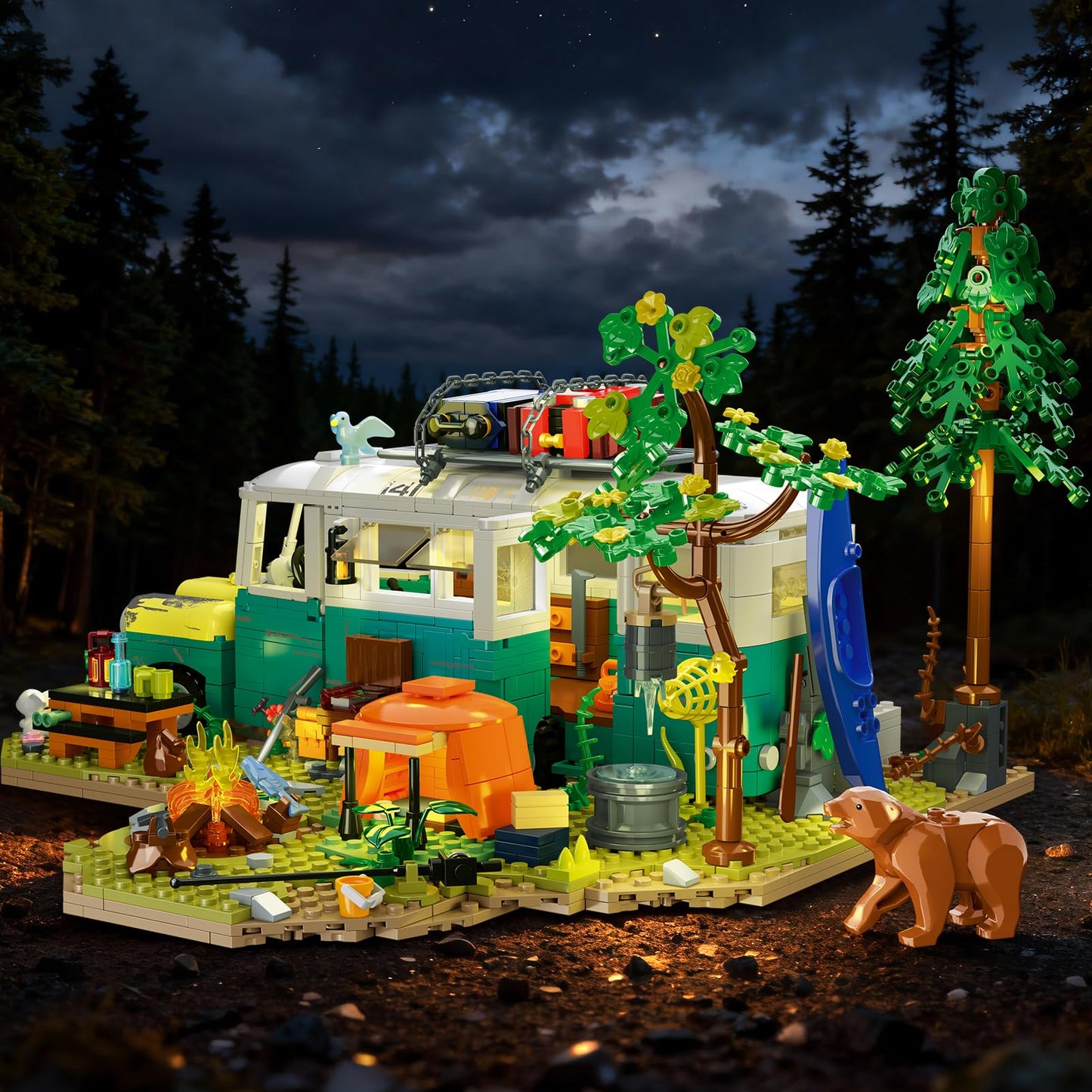 CUBIMANA Wilderness Bus Building Set - 1392-Piece Lighted Camping Kit