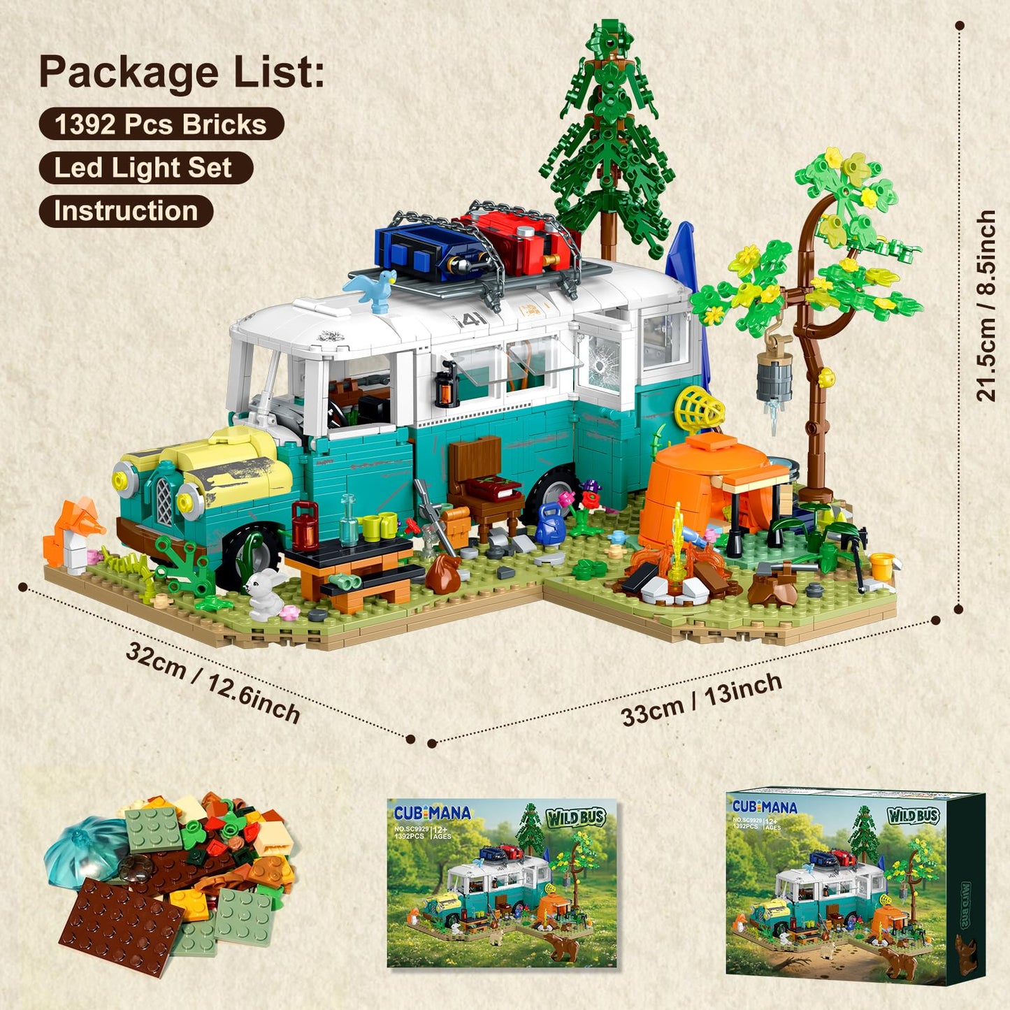CUBIMANA Wilderness Bus Building Set - 1392-Piece Lighted Camping Kit