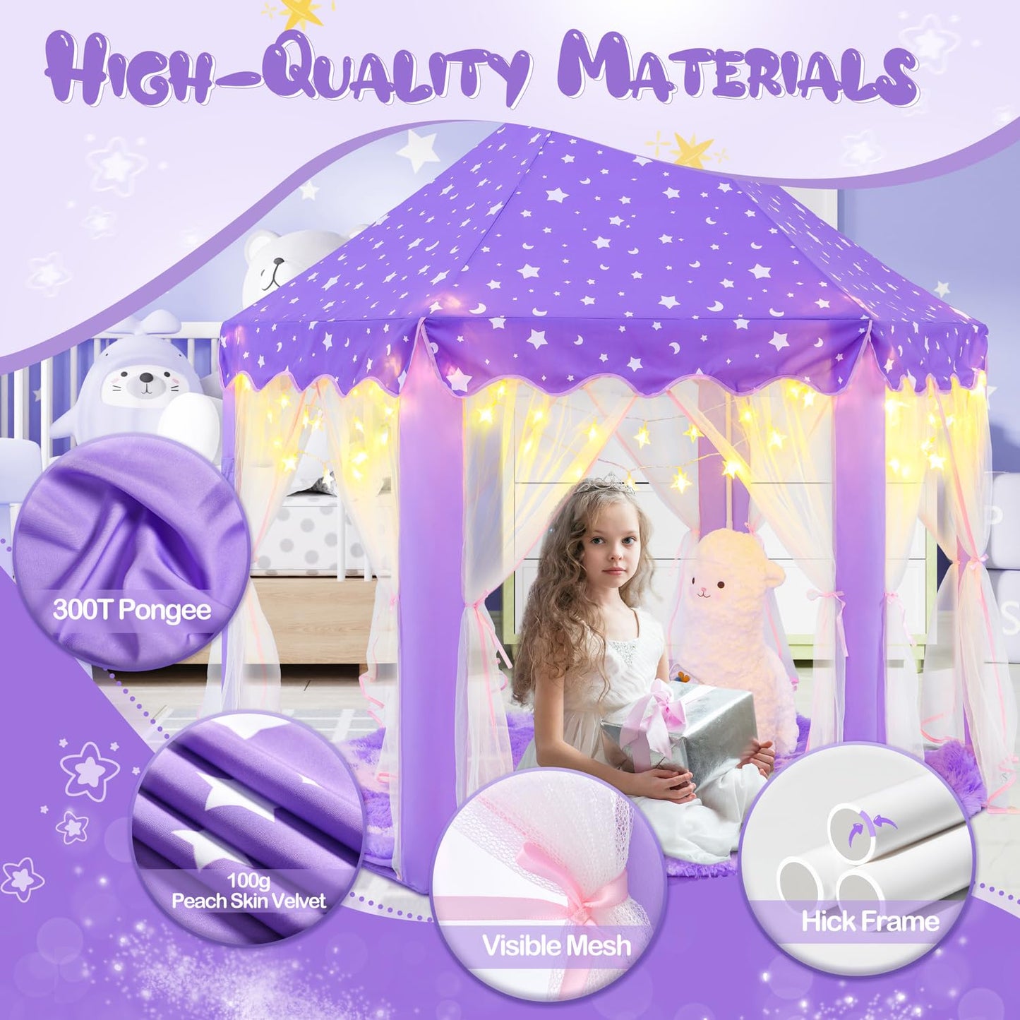 CUBNBUD Purple Princess Tent with Lights & Rug — Indoor Castle Playhouse for Girls 4-7 (55x53 in)