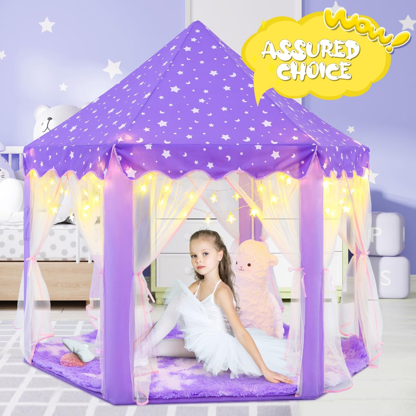 CUBNBUD Purple Princess Tent with Lights & Rug — Indoor Castle Playhouse for Girls 4-7 (55x53 in)