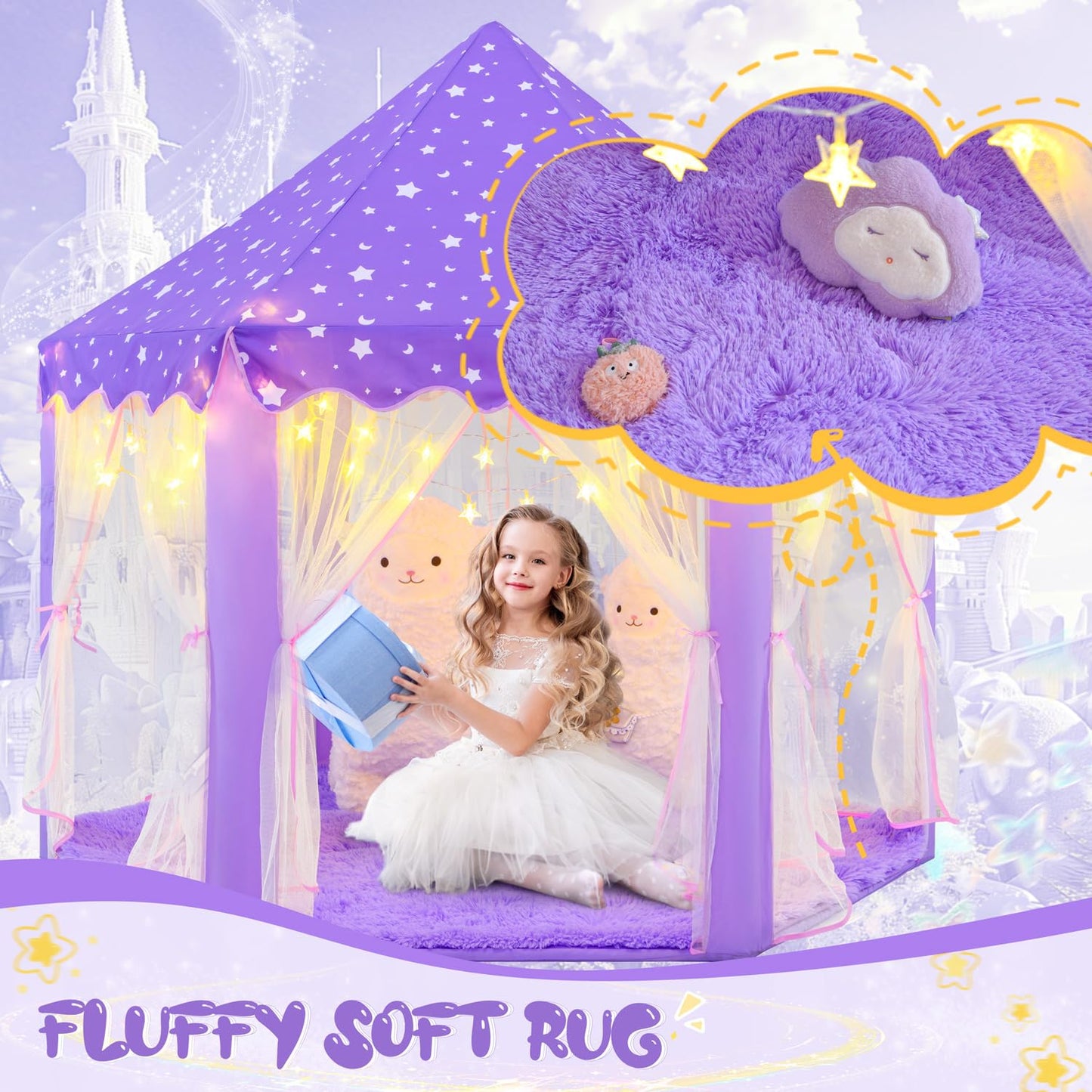CUBNBUD Purple Princess Tent with Lights & Rug — Indoor Castle Playhouse for Girls 4-7 (55x53 in)