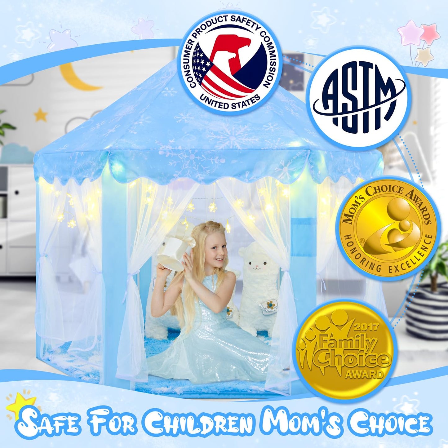 CUBNBUD Frozen Princess Play Tent – Indoor Castle for Girls 4-7, Snowflake Lights, 55x53 in