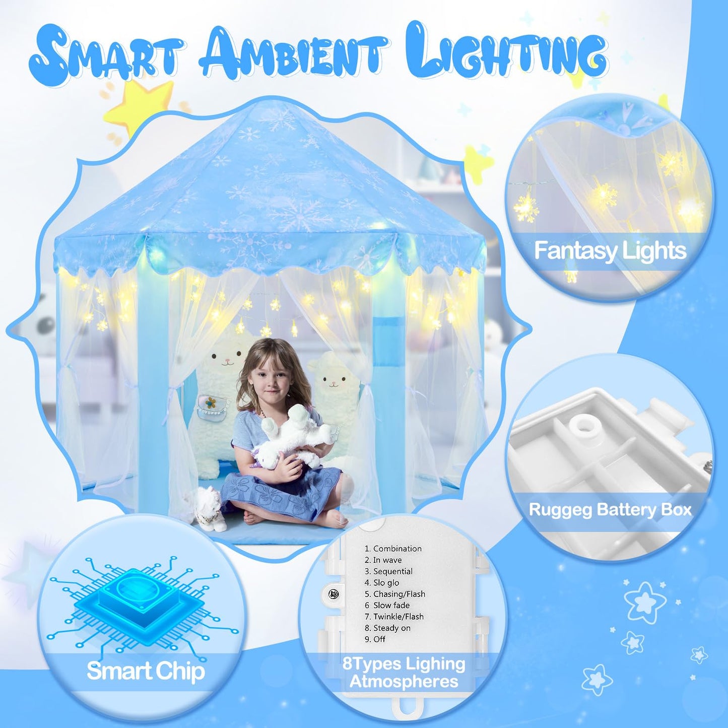 CUBNBUD Frozen Princess Play Tent – Indoor Castle for Girls 4-7, Snowflake Lights, 55x53 in