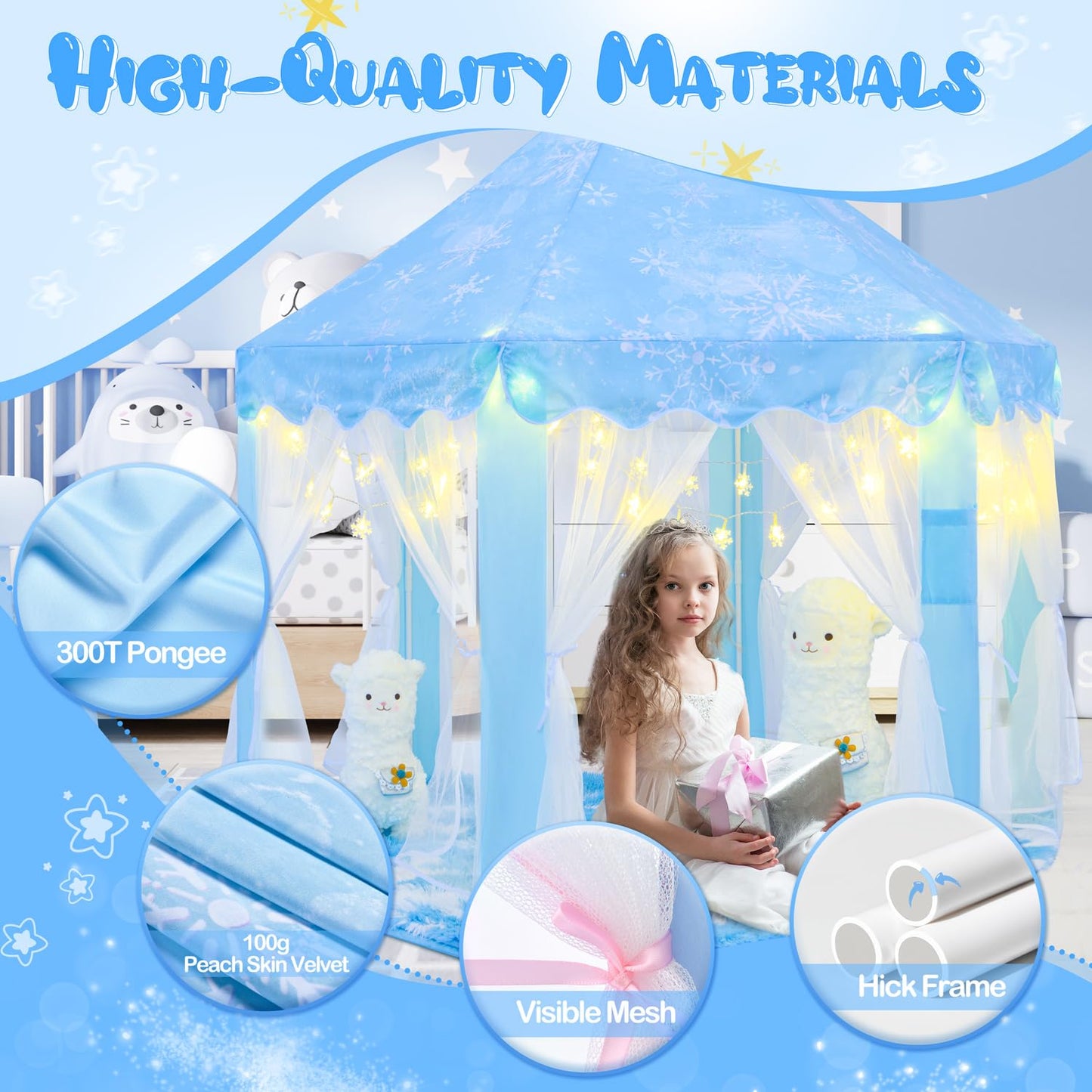CUBNBUD Frozen Princess Play Tent – Indoor Castle for Girls 4-7, Snowflake Lights, 55x53 in