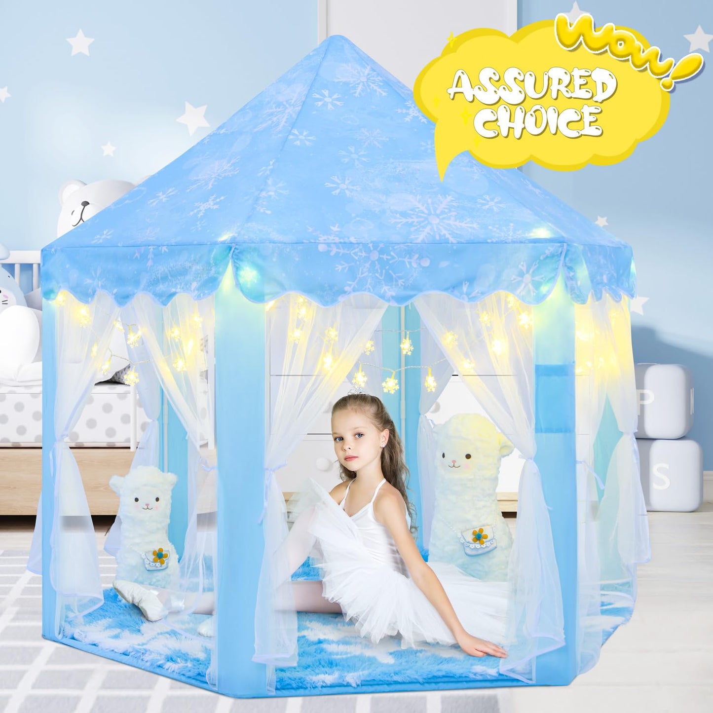 CUBNBUD Frozen Princess Play Tent – Indoor Castle for Girls 4-7, Snowflake Lights, 55x53 in