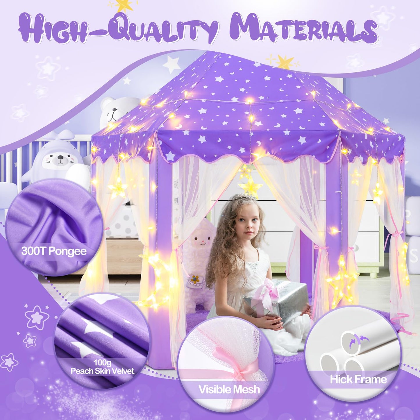 CUBNBUD Princess Tent with Large Star Lights – Indoor Castle Play Tent for Girls 3-7 (55x53 in) Purple