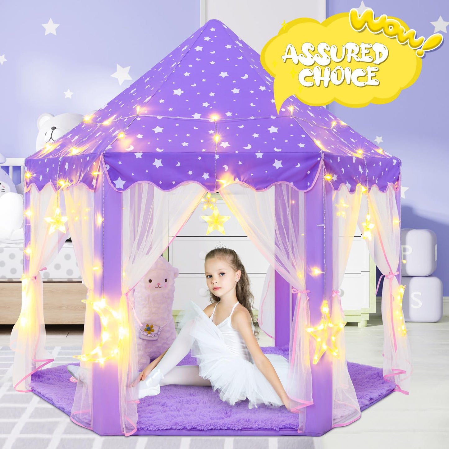 CUBNBUD Princess Tent with Large Star Lights – Indoor Castle Play Tent for Girls 3-7 (55x53 in) Purple
