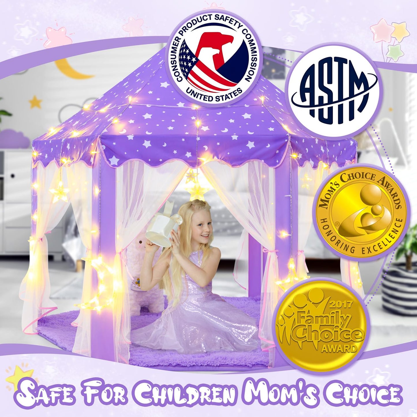 CUBNBUD Princess Tent with Large Star Lights – Indoor Castle Play Tent for Girls 3-7 (55x53 in) Purple