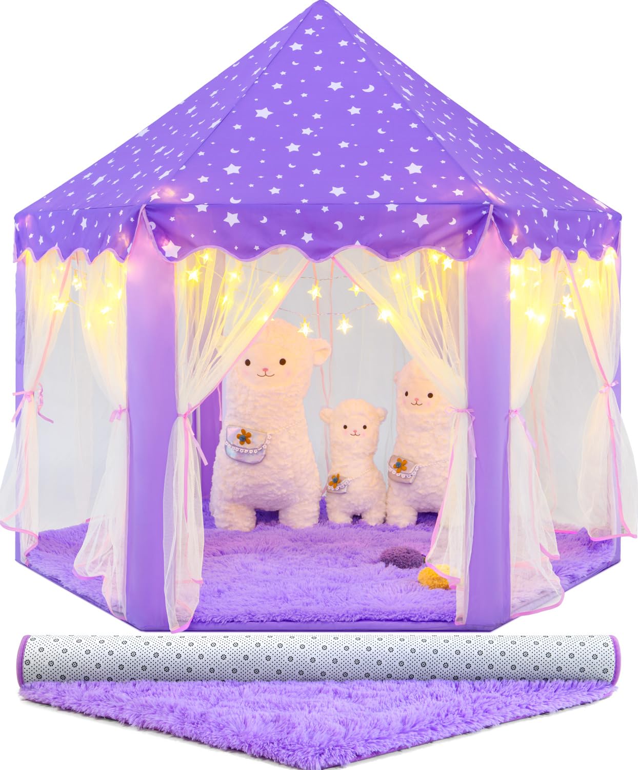 CUBNBUD Purple Princess Tent with Lights & Rug — Indoor Castle Playhouse for Girls 4-7 (55x53 in)