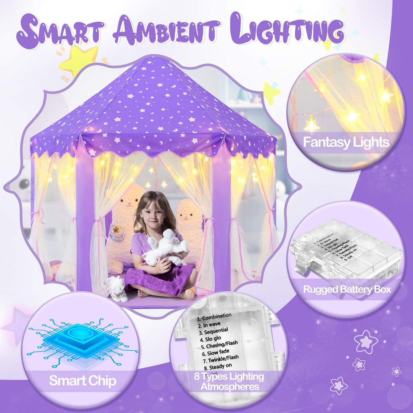 CUBNBUD Purple Princess Tent with Lights & Rug — Indoor Castle Playhouse for Girls 4-7 (55x53 in)