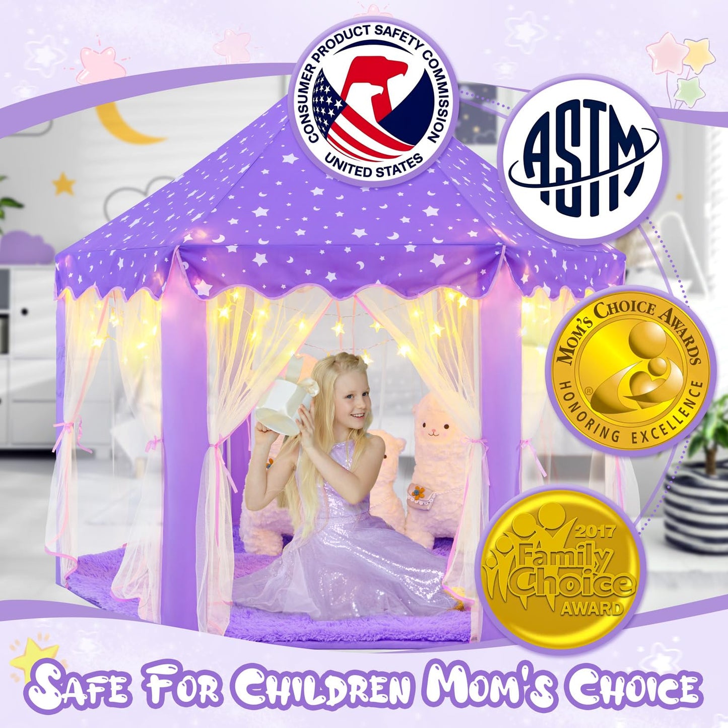 CUBNBUD Purple Princess Tent with Lights & Rug — Indoor Castle Playhouse for Girls 4-7 (55x53 in)