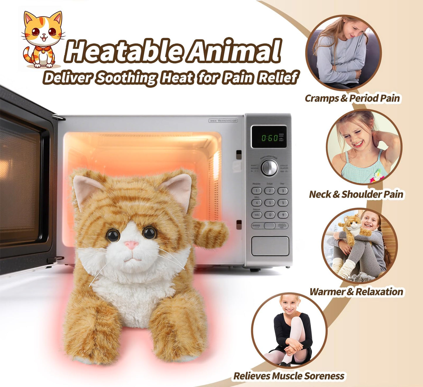 Cuckool Orange Tabby Cat Plush – Heatable Cozy Stuffed Animal with Lavender Scent