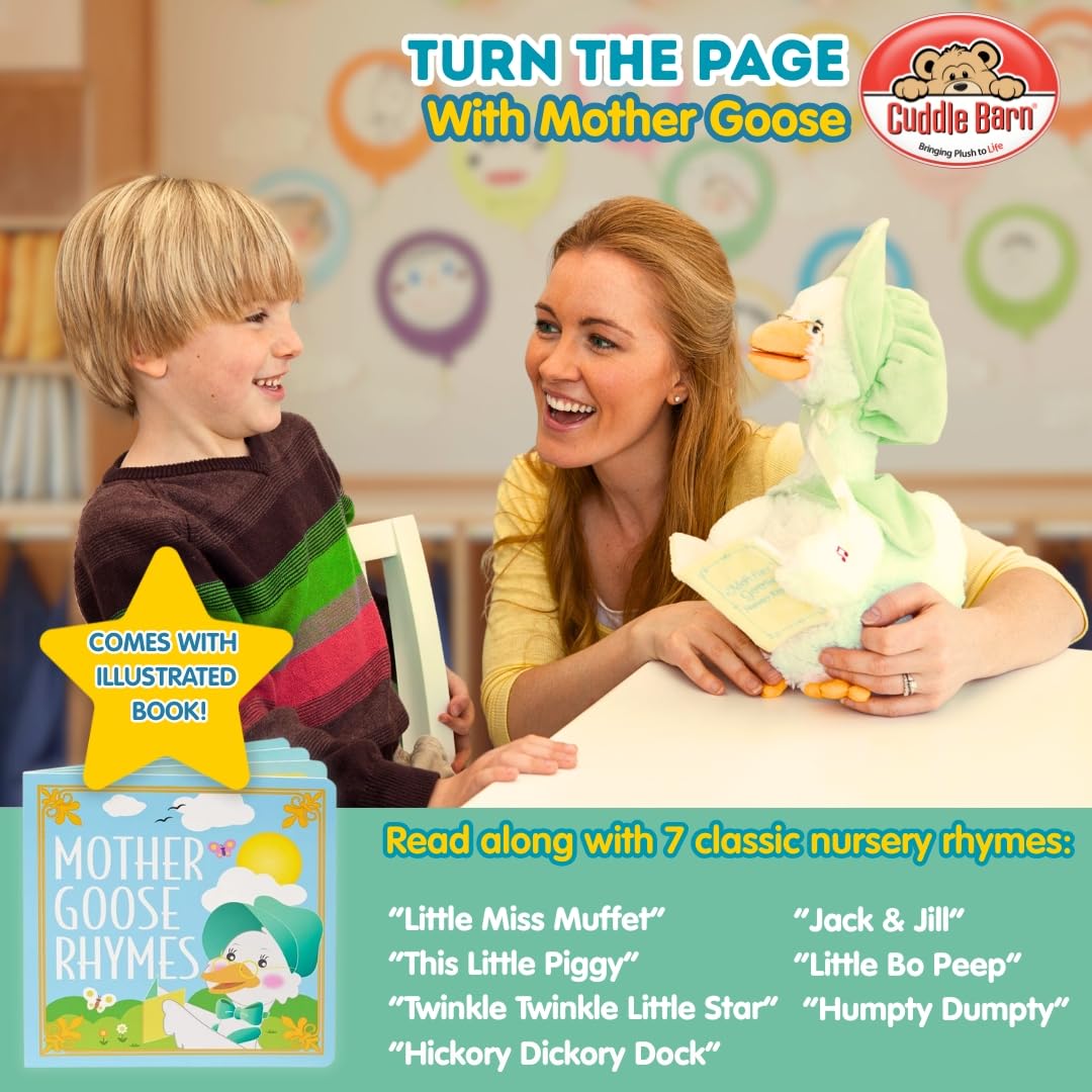 Cuddle Barn Mother Goose Read-Along (Sage) | Animated Bird Plush Recites 7 Nursery Rhymes + Board Book - 14 inches
