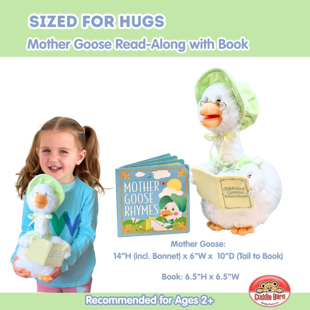 Cuddle Barn Mother Goose Read-Along (Sage) | Animated Bird Plush Recites 7 Nursery Rhymes + Board Book - 14 inches