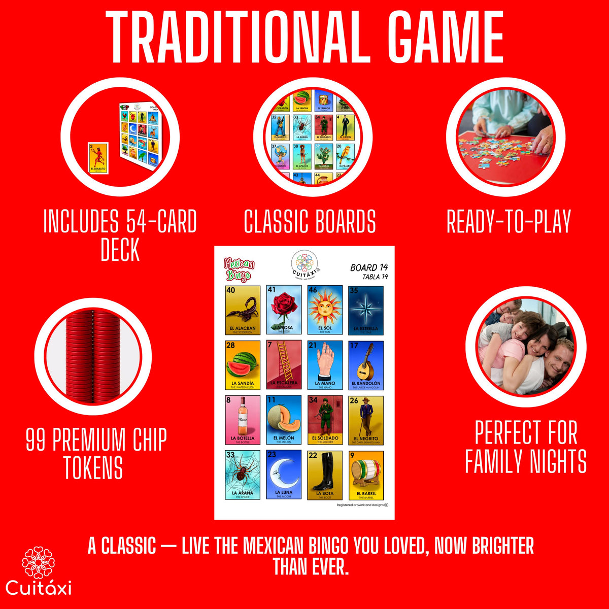 Cuitáxi Mexican Bingo Game – 100 Chips for 20 Players | Made in Mexico