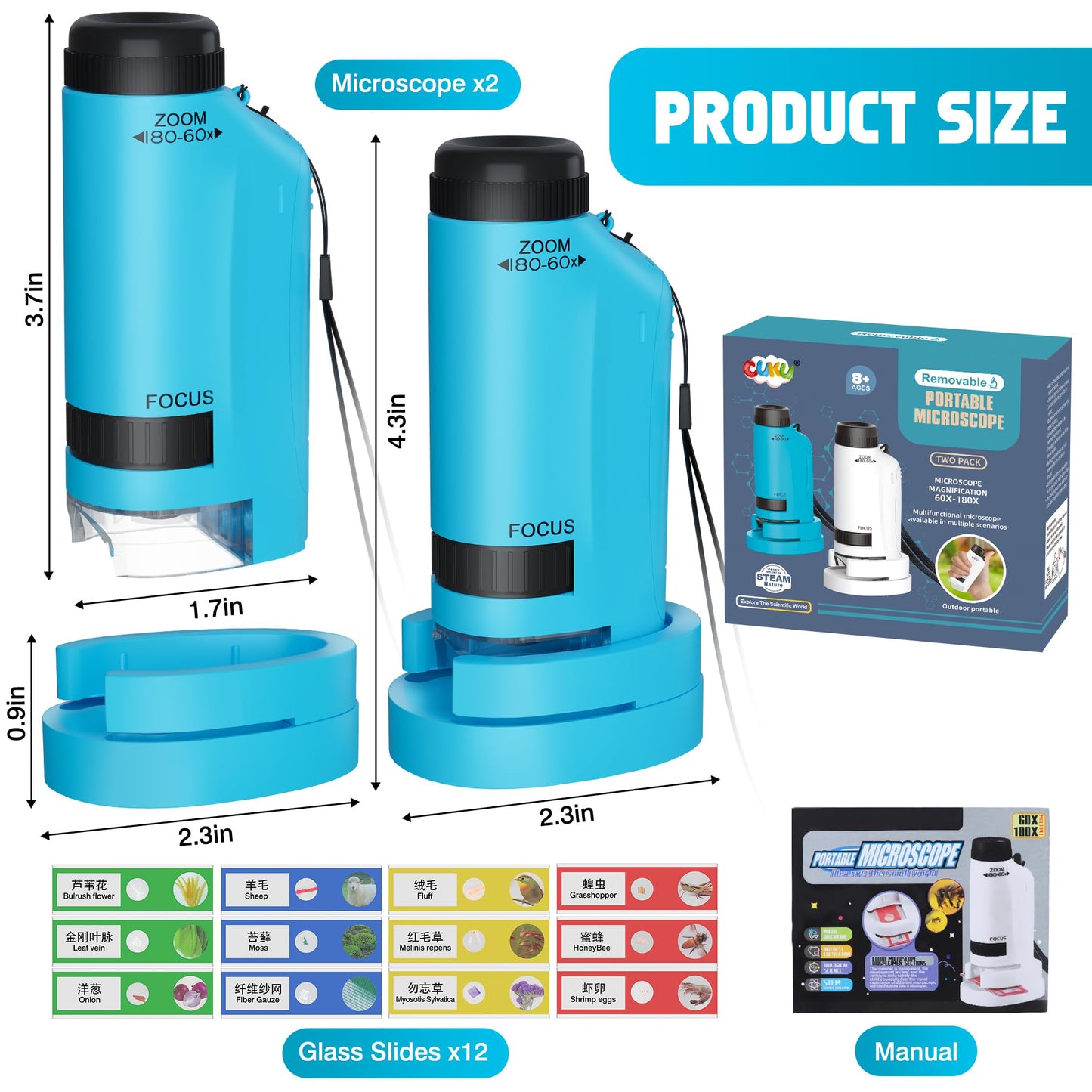 CUKU Portable Kids Microscope 60x-180x | LED Pocket STEM Toy, 2-Pack Blue