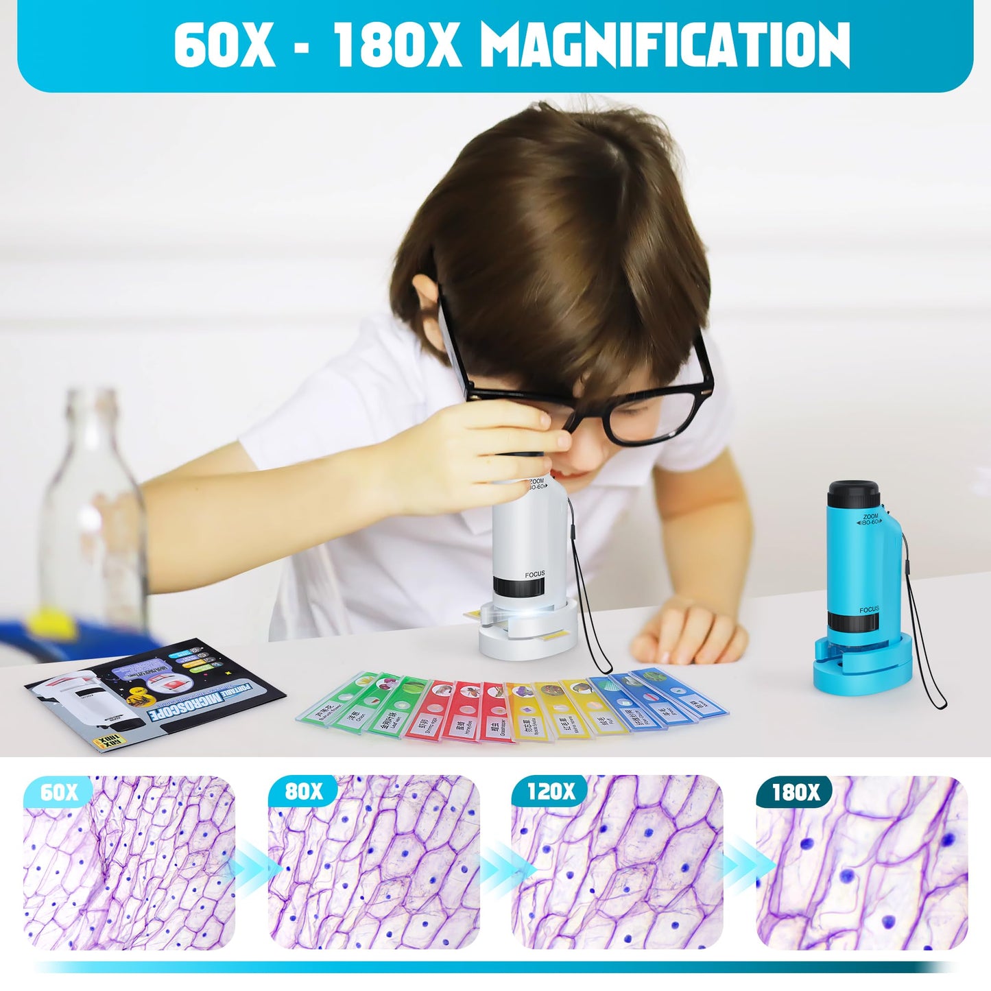 CUKU Portable Microscope for Kids 60x-180x – LED Pocket STEM Toy with 12 Slides