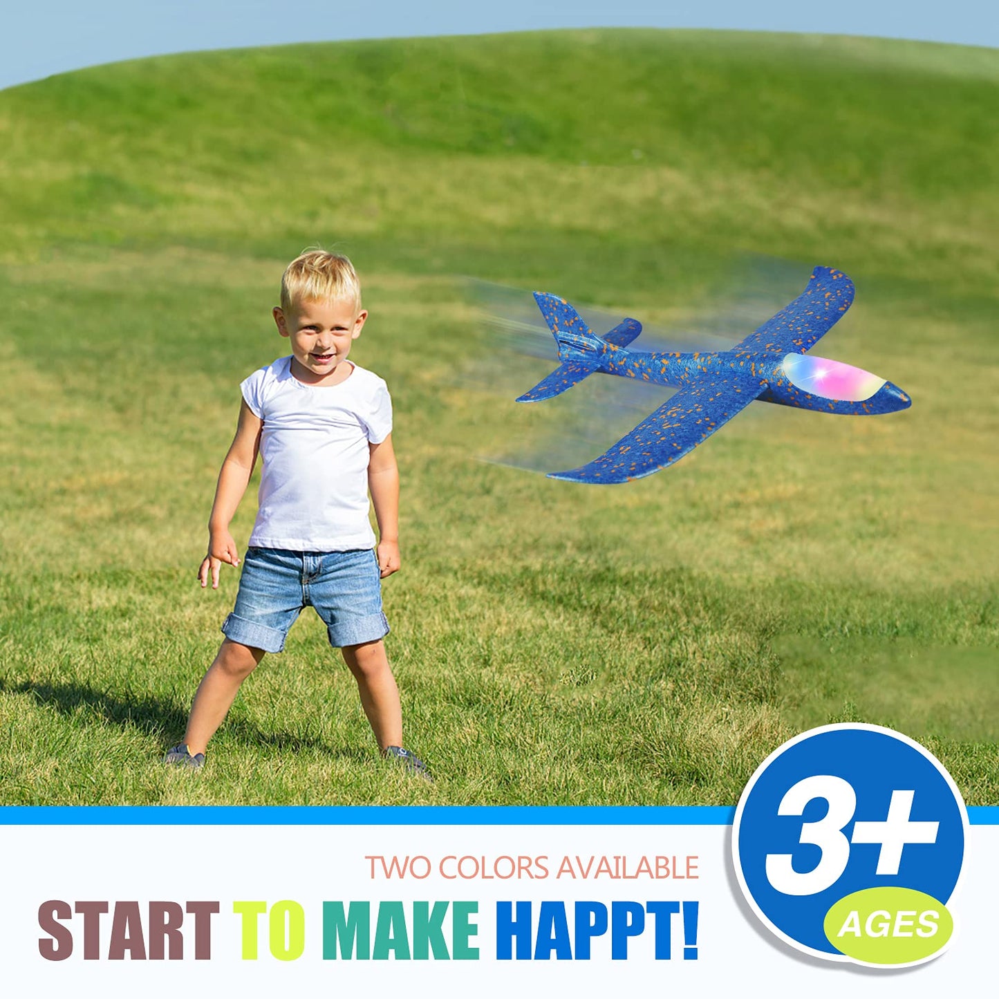 CUKU 2 Pack LED Light Airplane – 17.5-Inch Foam Flying Toy with 2 Flight Modes